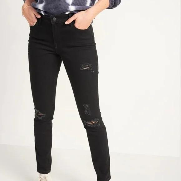 NWT Old Navy Mid-Rise Pop Icon Black-Wash Ripped Skinny Jeans for Women - Picture 1 of 4